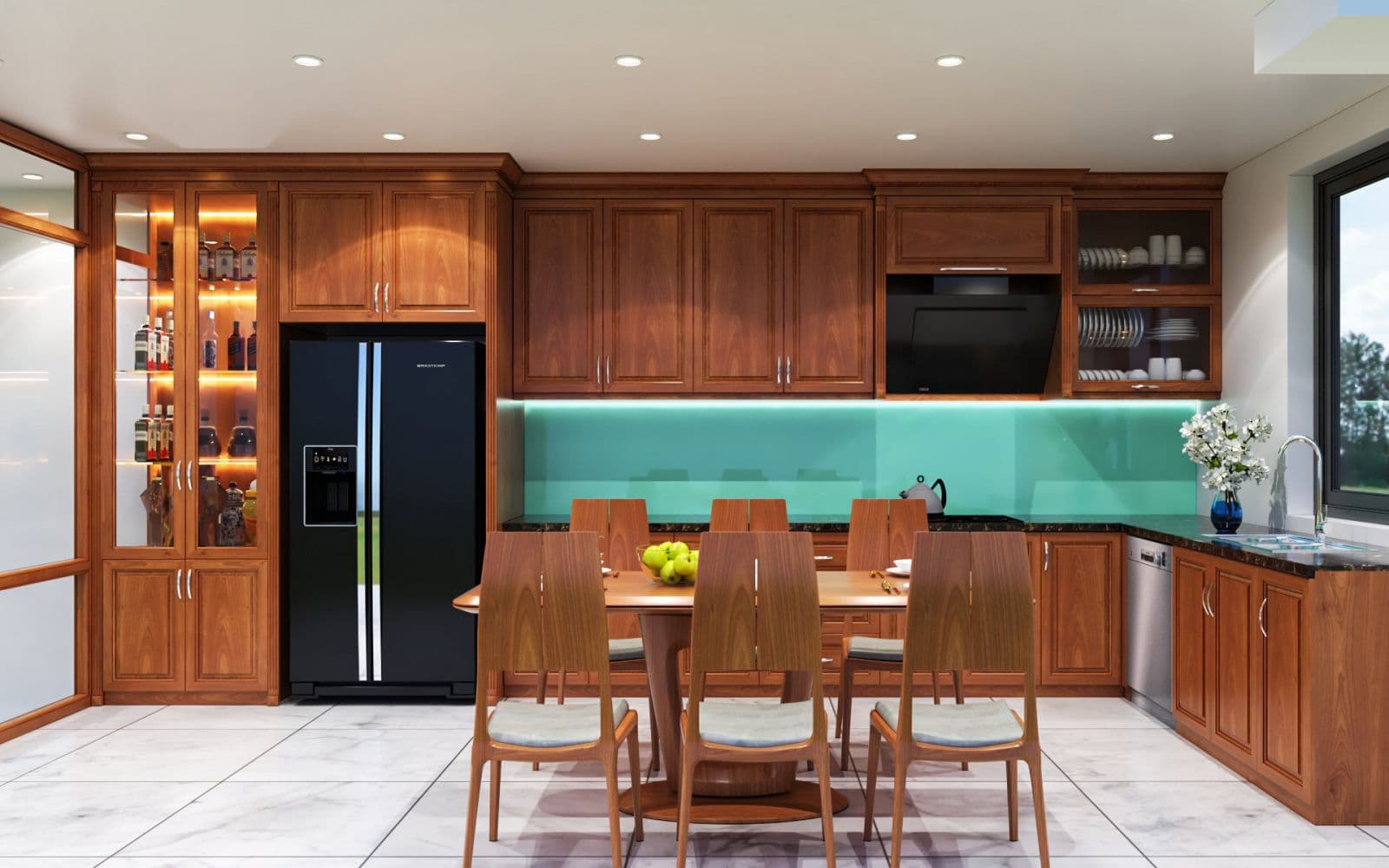 Mẫu tủ bếp hình chữ L hoạ tiết gỗ